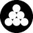 Black circular background with white pixelated figure showing three stacked shapes and four small black squares on a gray backdrop.