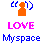 Pixelated orange figure with blue sound waves above, pink 'LOVE' text below, and blue 'Myspace' text at bottom on white background.