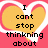 Pixelated heart-shaped icon with yellow interior and pink border, overlaid text reading "I cant stop thinking about" in black block letters.