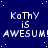 Blue background with white pixelated text repeating 'KaThY is AWESUM!' in a pattern, scattered white dots resembling stars, and a solid gray rectangle in the bottom-right corner