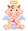 Pixel art contact sheet of six animated frames showing a cartoon baby with horns, wings, and halo holding a pink heart-shaped object on gray background.