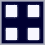 Nine white geometric shapes on dark blue background , including squares, triangle, circles, and abstract forms
