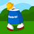 Pixelated character with yellow hair, blue dress, white belt, and red-and-white shoes stands on green grass against a light blue sky.