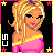 Pixel art contact sheet of a 3x3 grid showing frames from an animated AIM buddy icon featuring a blonde cartoon woman in pink and yellow outfit with text variations.