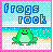 Pixel art icon with blue text 'Frogs rock' above a green frog on a beach scene.