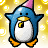 Blue penguin with white belly and orange feet wears pink party hat, holds golden champagne flute against gold patterned background.