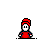 Pixel art character in red outfit with red headwrap, gray background, speech bubbles with text, and changing facial expression.