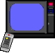 Six television screens with remote controls display various static and animated scenes including solid blue, grayscale abstract patterns, a landscape with red structures, and a moving vehicle.