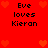 Red background with pixelated text "Eve loves Kieran" repeated in four quadrants, surrounded by orange pixel hearts.