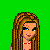 A 4x3 contact sheet of pixel art frames showing a cartoon character with long brown braided hair, red top, and white pants against a green background, including facial expressions, body parts, and text labels.