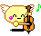 Pixel art contact sheet showing two frames of a yellow cartoon character playing cello with green musical notes, featuring wing-like ears and pink cheek flowers.