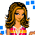 Pixel art buddy icon featuring a cartoon woman with long brown hair wearing a striped crop top and white shorts, surrounded by blue and pink square pixels on a transparent background.