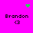 Pixelated green heart and scattered dots animate above four Brandon text blocks with <3 symbols on a bright pink background.