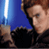 Pixelated static image of a character holding a blue lightsaber against a dark background with blue gradient elements.