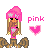 Pixel art of a character with pink hair and star accessories, standing on brown boots, next to 'pink' text and heart symbols.