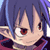 Pixelated anime-style character face with blue hair and red eyes, static single-frame image.