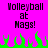 Pixelated text reads "Volleyball at Mags!" on a bright pink background with green flame-like shapes below.