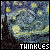 A pixelated starry night scene with swirling blue and yellow clouds, a dark church spire on the left, and 'THINKLES' text below.
