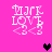 Pixelated pink background with four 'URK LOVE' text icons and three heart symbols in black, dark purple, and light purple.
