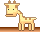 Pixel art contact sheet of six giraffe animation frames arranged in a 3x2 grid on gray background with brown floor line.
