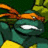 Pixelated green turtle with orange mask and yellow chest, grinning on dark background; blue display "ninja turtles" and "are BAMF." text