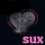Two pixelated heart-shaped icons with a central figure, pink text above and below on dark background.