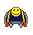 A 4x3 grid of pixel art frames showing a yellow smiley face character in blue overalls with red gloves performing various poses against a gray background.