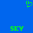 Green pixelated heart symbol above two green 'SKY' text blocks on solid blue background.