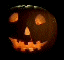 A pixelated Halloween pumpkin icon with glowing orange eyes, nose, and mouth against a black background, next to green text reading 'Original Icons .com' on a dark green