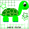 A 2-frame animated contact sheet showing a green cartoon turtle with yellow shell patterns and white stars, displaying slight pose changes between frames.