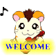 Animated hamster character with orange ears and brown hair holds a red object, standing behind yellow 'WELCOME' sign on gray background with black musical notes.