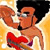 Pixelated character with dark hair, orange skin, and red clothing holding a white object against a yellow background.