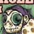 A pixelated contact sheet showing two frames of an animated icon featuring a cartoonish skull character with purple hair and green eyes on the left, next to bright green text reading "Original Icons .com" on a dark green background.