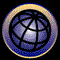 Three circular icons with blue and gold borders display a pixelated globe with black lines, each showing a different segment of the globe's surface