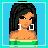 Pixel art contact sheet showing three frames of an animated buddy icon with a cartoon woman and text elements on blue backgrounds.