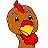 Pixelated cartoon turkey head with brown feathers, red comb, yellow beak, and red wattle, facing slightly right against a white background.