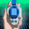 Animated sequence showing a character with red hair and green shirt holding a blue-and-white device, transitioning through poses against shifting backgrounds.