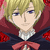 Pixelated anime-style character with blonde hair and blue eyes, wearing a dark cloak with red accents and a white ruffled collar, hands clasped in front.