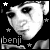 Pixelated black-and-white buddy icon featuring a stylized face with large eyes and stars, labeled "benji" at the bottom left.