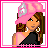 Pixel art contact sheet showing a female character in pink and black attire across multiple frames with text panels below.