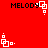 Red background with black text "MELODY" and white pixelated shapes; two distinct white shape configurations alternate in a loop.