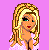 Pixel art contact sheet showing three frames of an animated buddy icon with a blonde woman in various poses and text elements on pink background.
