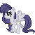 Pixel art pony with purple mane and tail, white body, yellow collar, standing in four repeated on gray background