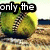 A pixelated image of a green and yellow softball with visible stitching, set against a blurred background of a baseball field, with text overlays reading "only the", "cool kids", and "play softball".