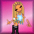 A 5-frame animated contact sheet showing a pixel-art character with blonde hair and a blue top against pink backgrounds, each frame displaying different text phrases.