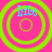 Four identical circular icons with concentric rings on a pink background, each displaying light blue text above the rings.