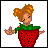 Pixel art character in strawberry costume with green leaves, orange pigtails, and open hands on white background with text elements.