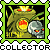Pixelated green and yellow mechanical object with glowing orange center, gray skull-like face, and repeated 'COLLECTOR' text across bottom.