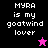 Pixelated text 'MYRA is my gootwind lover' on split black, purple, and pink backgrounds with a small star icon.