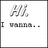 Four display 'HI.' text above 'I wanna...' with changing elements: teal 'Gucci' in top-right, crossed-out teal 'Gucci' in bottom-left, a dog icon in top-right of bottom-left , and orange 'Chicken' below the text